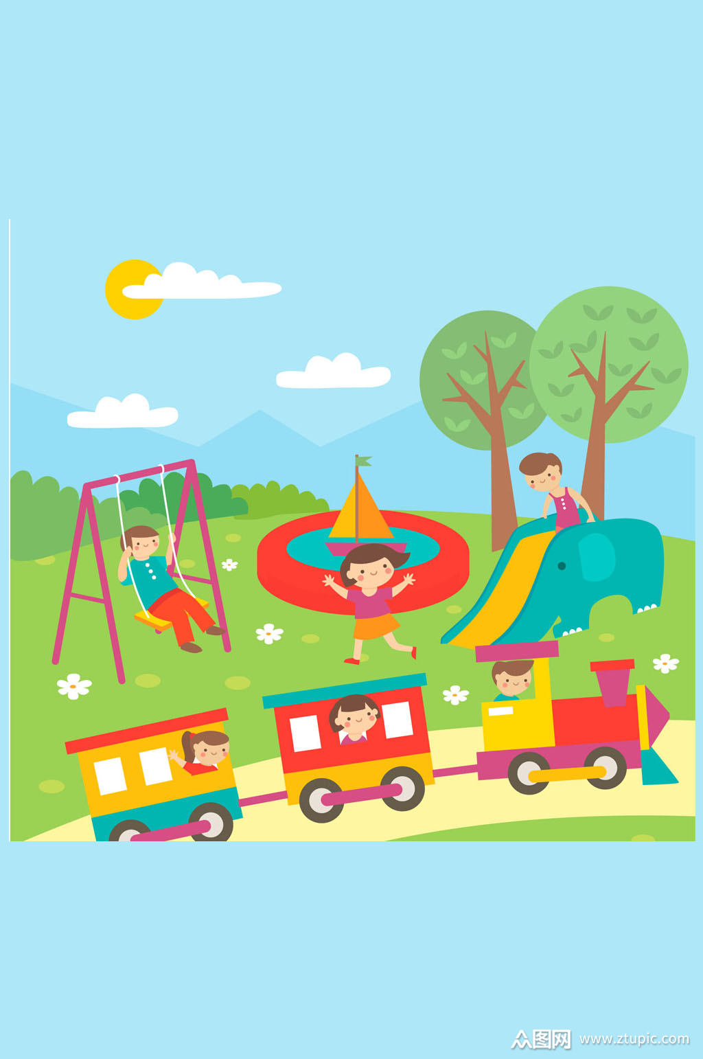 创意室外玩耍的儿童插画矢量图