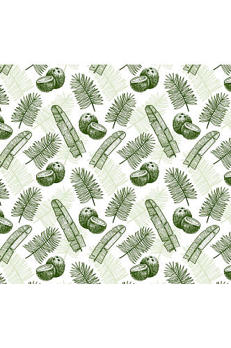 手绘棕榈树叶和椰子无缝背景矢量图