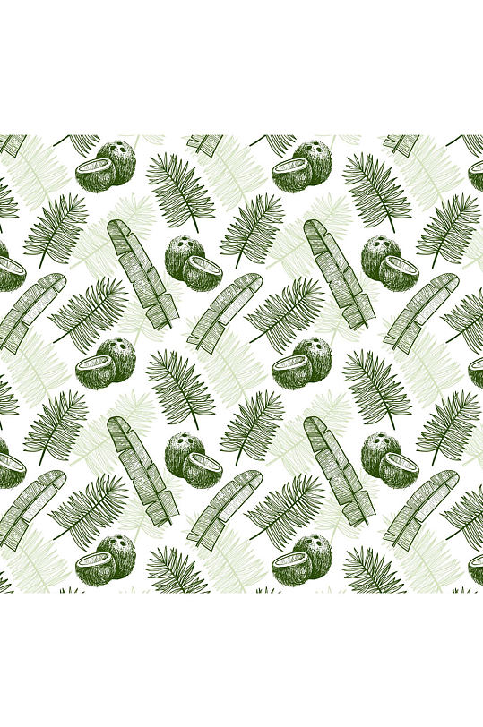 手绘棕榈树叶和椰子无缝背景矢量图