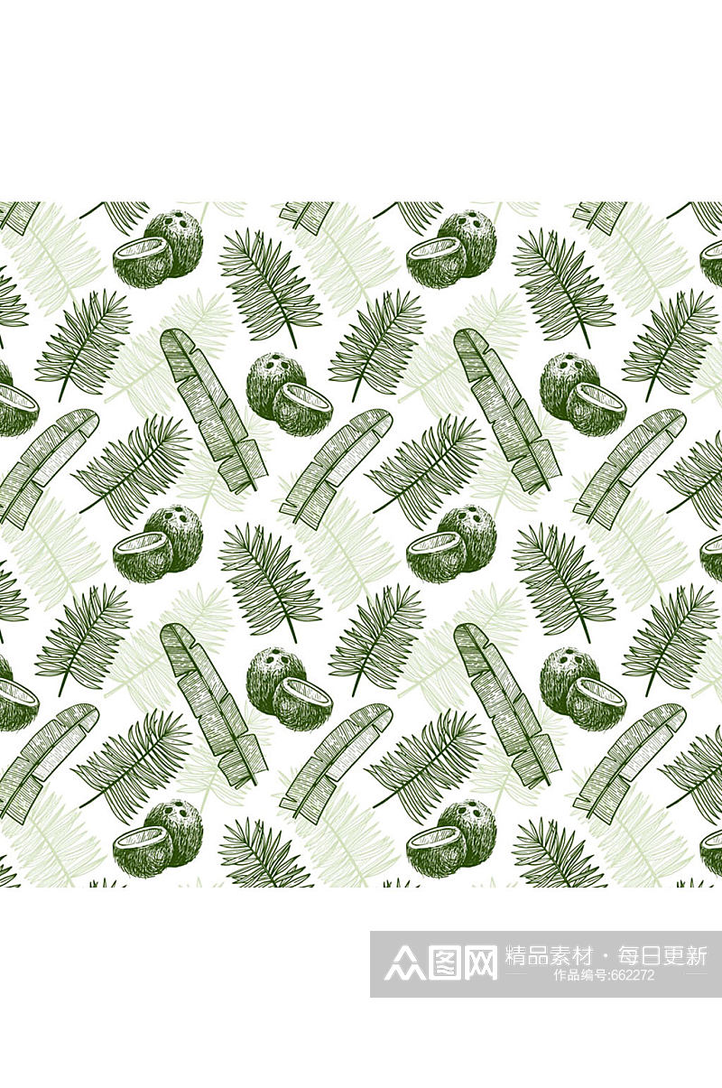 手绘棕榈树叶和椰子无缝背景矢量图素材