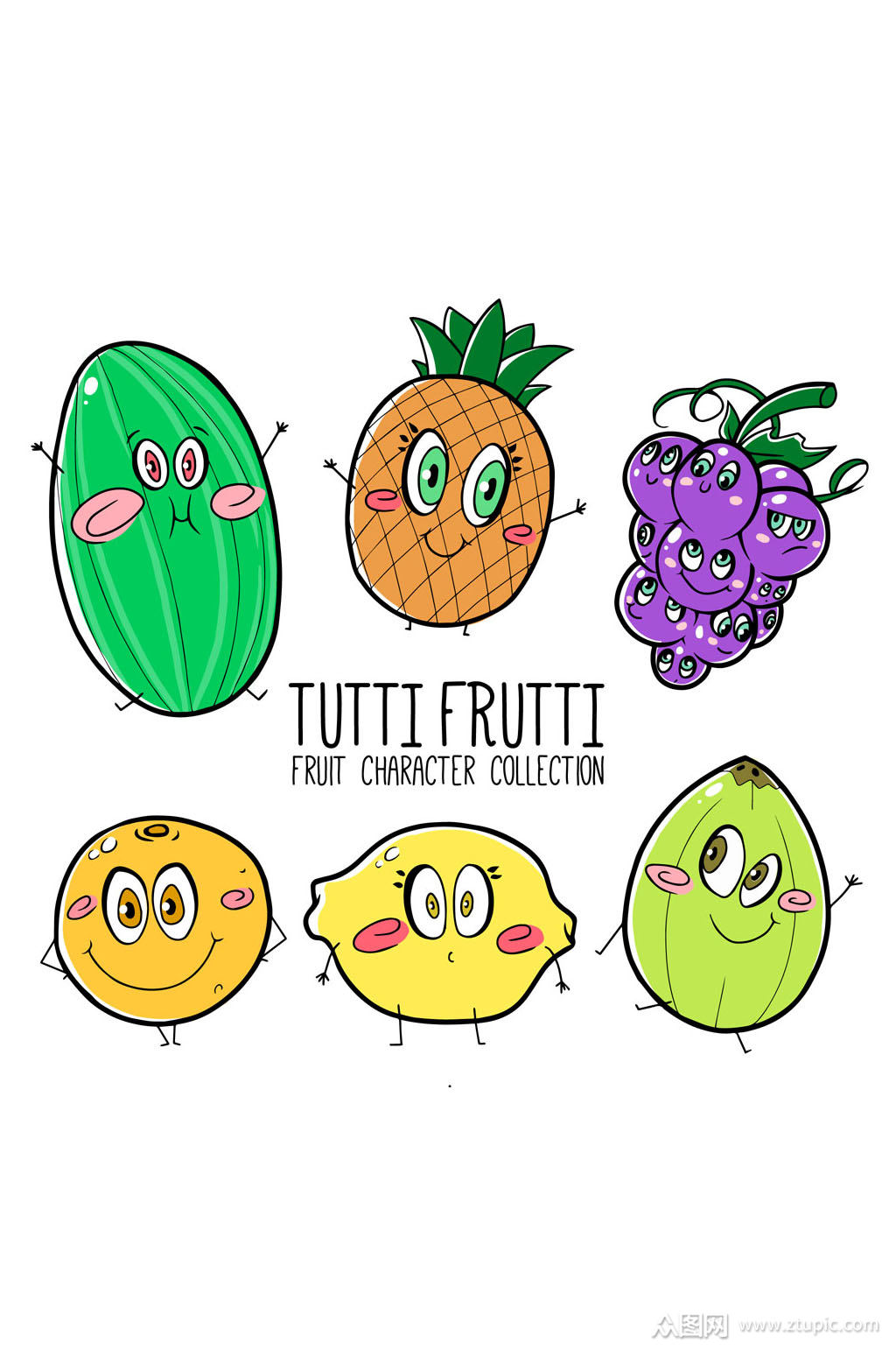 6款彩绘表情水果矢量素材