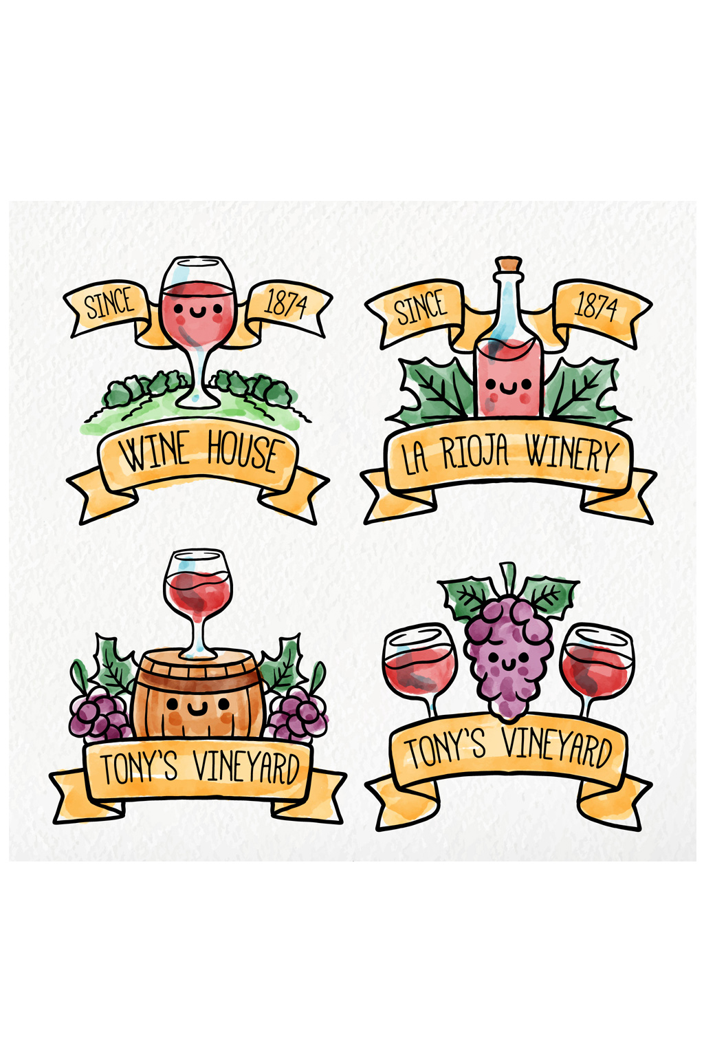 4款手绘葡萄酒标签矢量素材