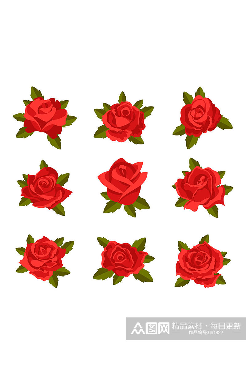 9款红色带叶玫瑰花矢量素材素材
