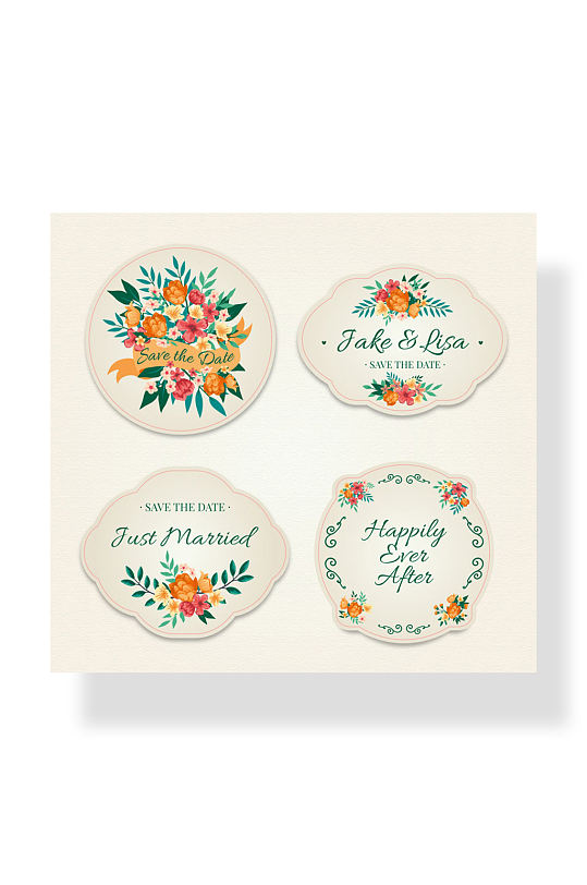 4款彩色花卉婚礼标签矢量素材-众图网