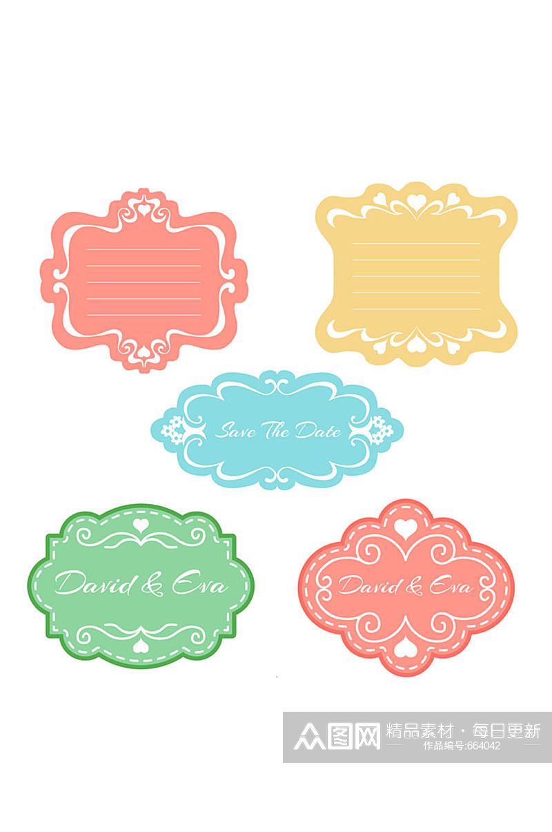5款彩色花纹婚礼标签矢量素材素材