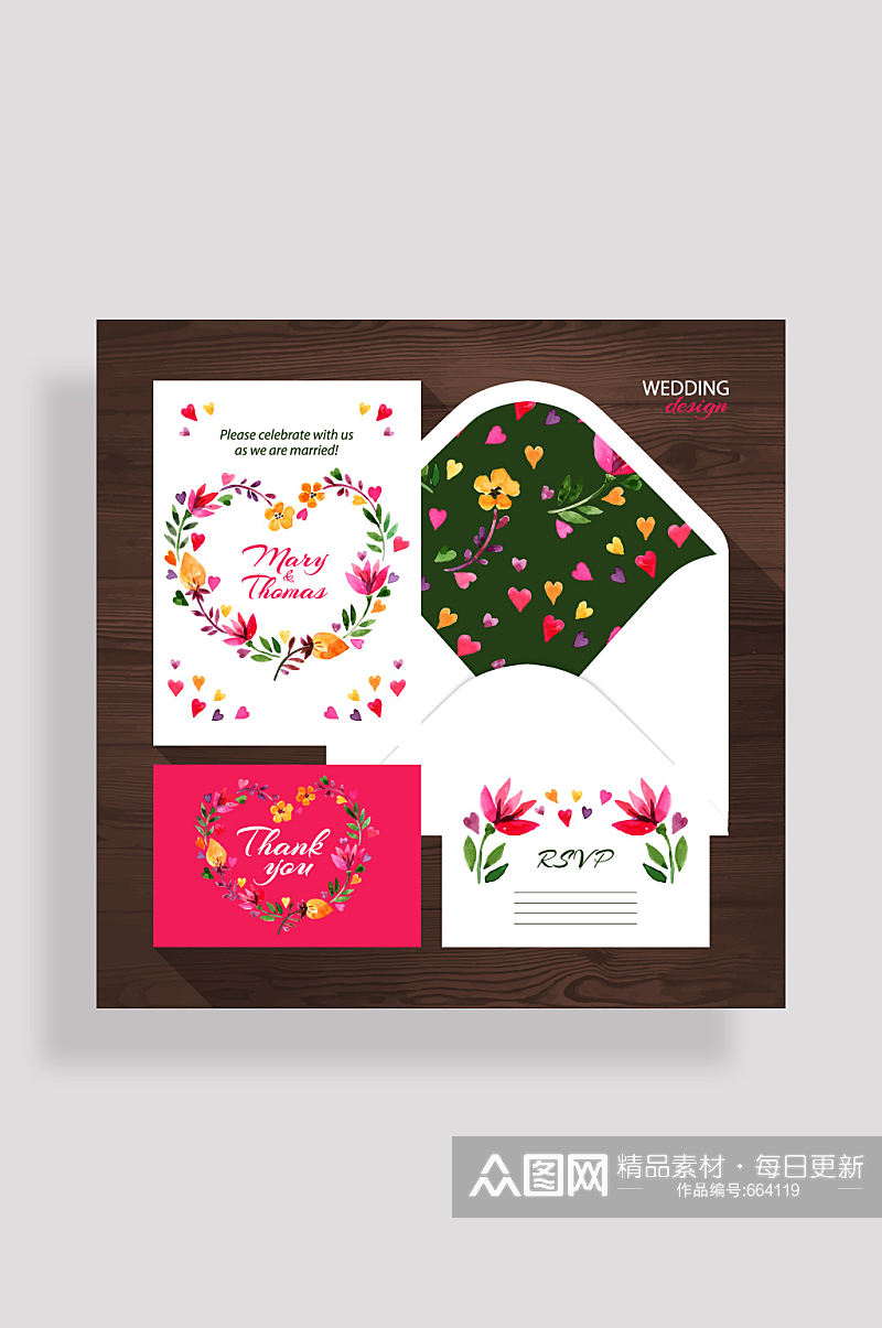 4款精美花卉婚礼卡片矢量图素材