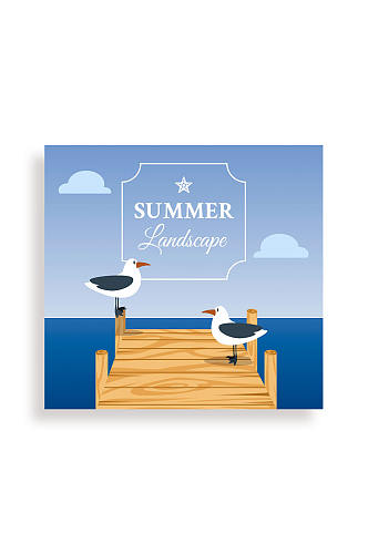 夏季海边木桥上的海鸥矢量素材