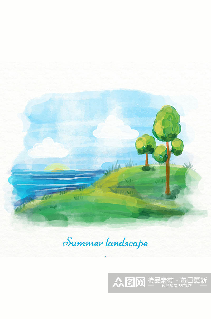 水彩绘夏季海边树木风景矢量图素材