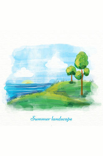 水彩绘夏季海边树木风景矢量图