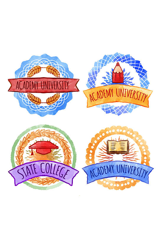 4款彩绘大学校园徽章矢量素材