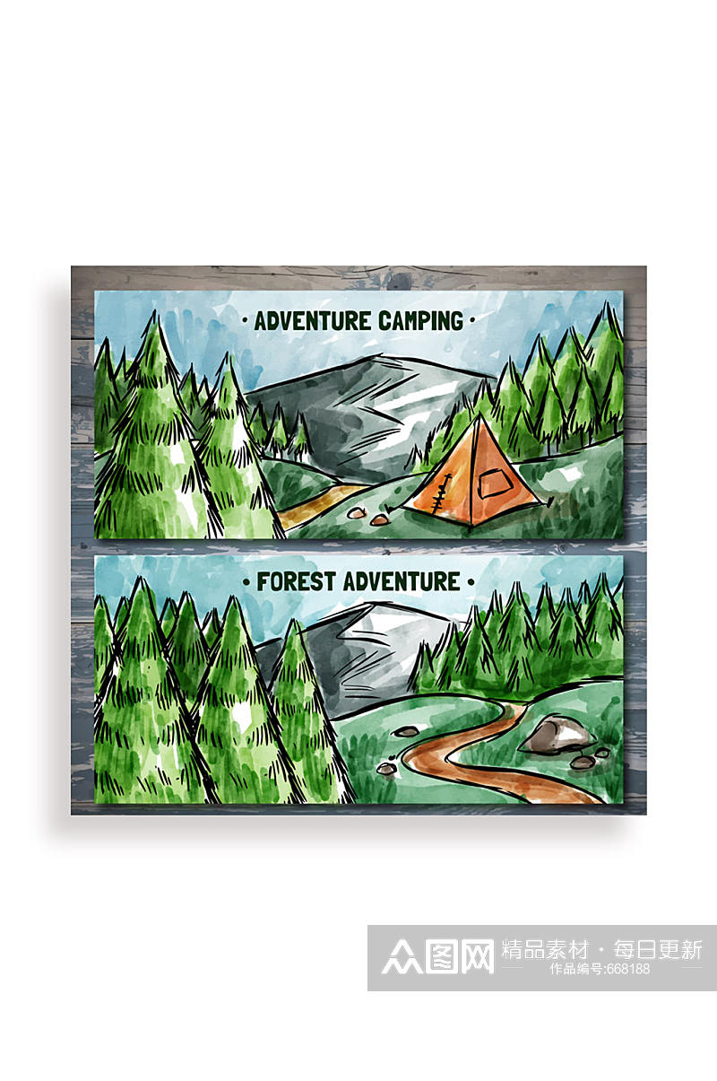 2款彩绘森林探险风景banner矢量图素材