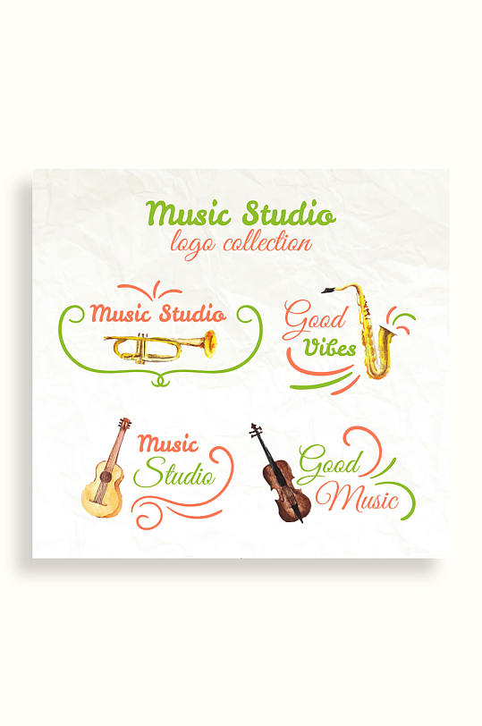 4款彩绘乐器音乐工作室标志矢量图