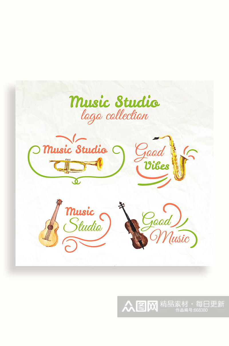 4款彩绘乐器音乐工作室标志矢量图素材