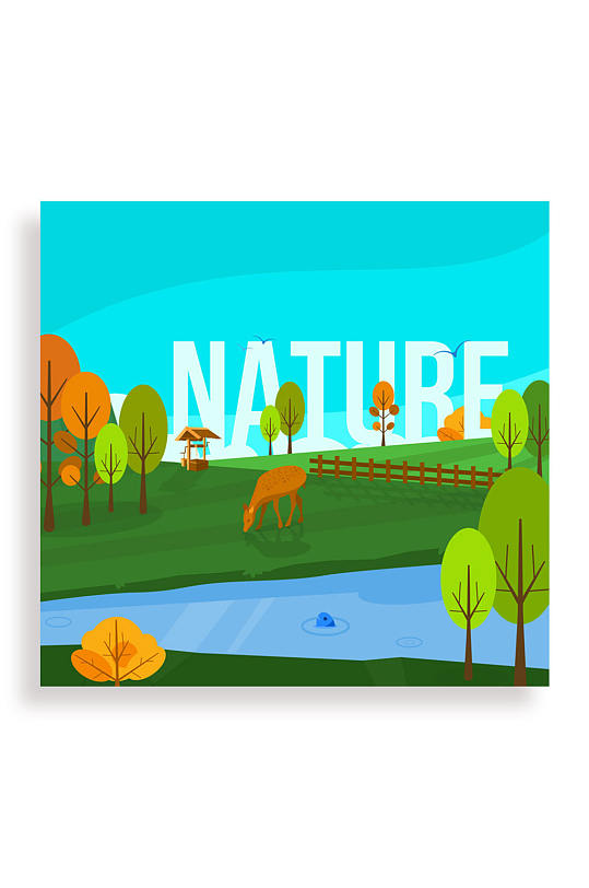 创意树林和食草的鹿自然风景矢量图