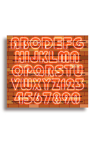 36个橙色霓虹灯字母和数字矢量素材