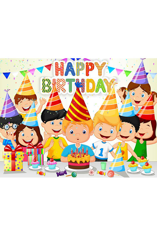 卡通开生日派对的儿童矢量素材