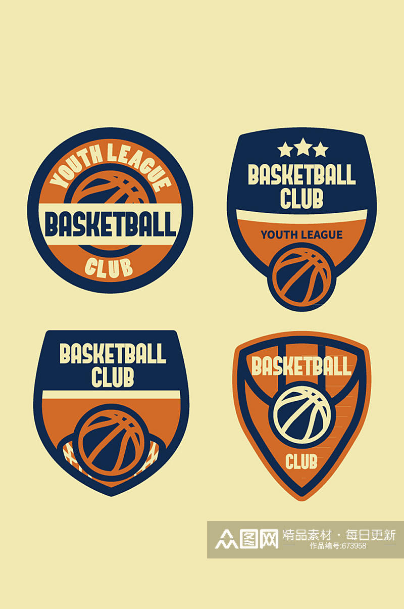 4款复古篮球俱乐部徽章矢量素材素材