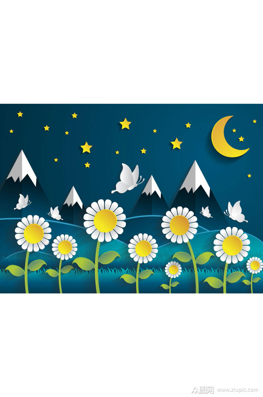 夜晚菊花丛和雪山剪贴画矢量素材素材
