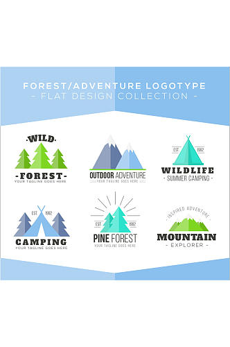 6款扁平化森林与野外探险标志矢量图