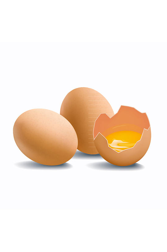 2个新鲜鸡蛋和1个打碎的鸡蛋矢量图