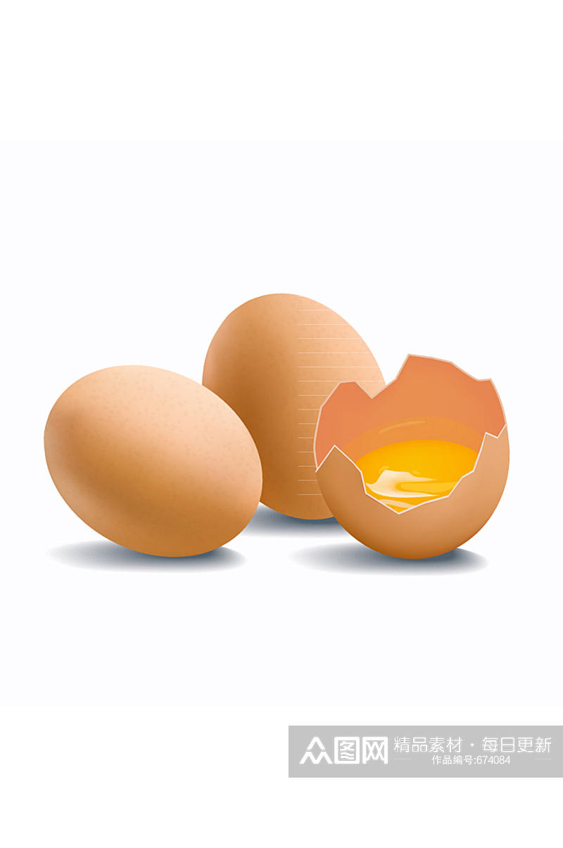 2个新鲜鸡蛋和1个打碎的鸡蛋矢量图素材