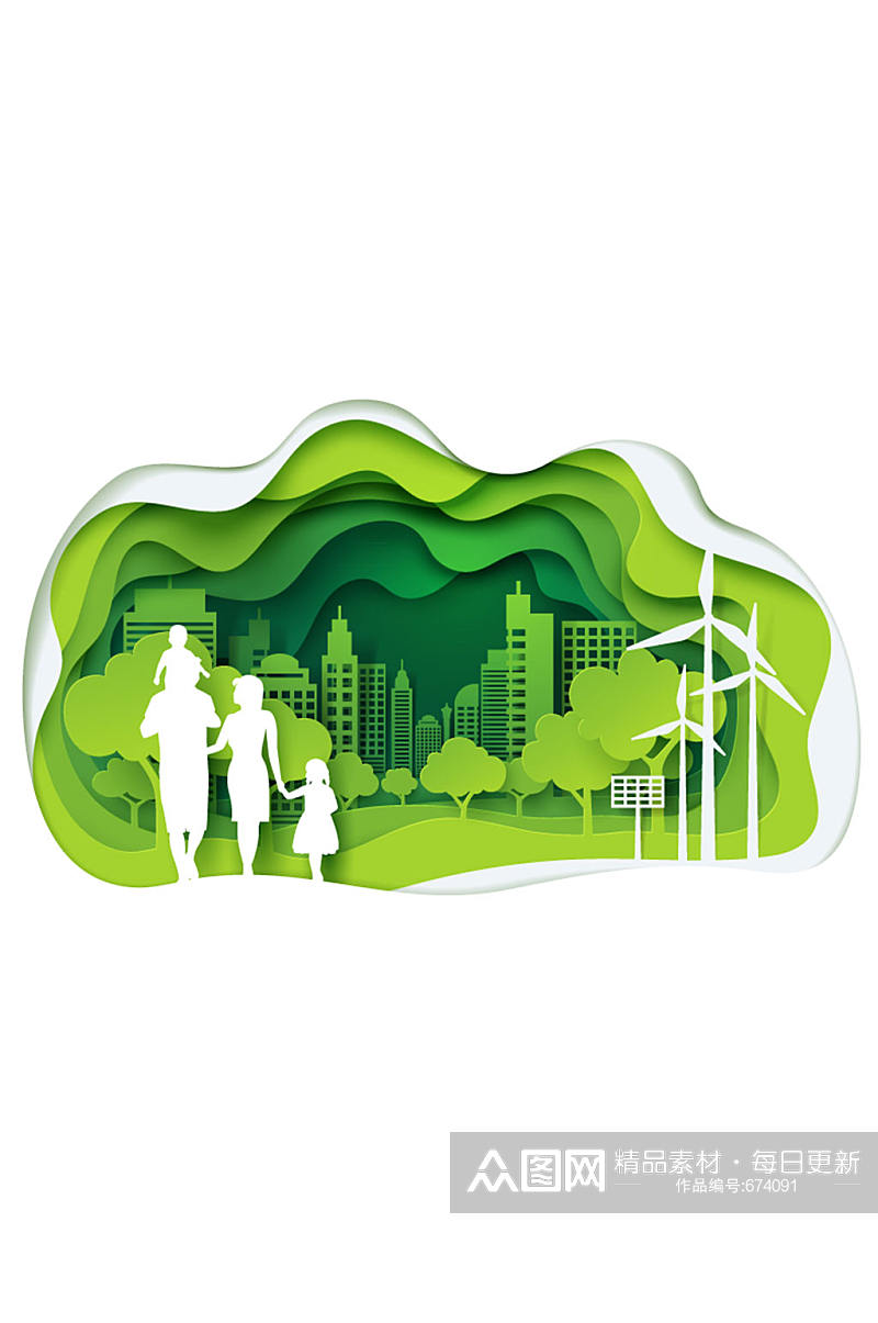 绿色生态城市和家庭剪影矢量图素材