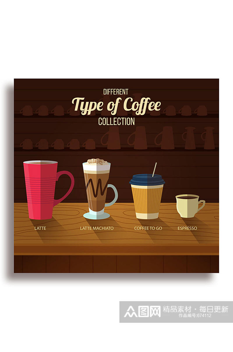 4款扁平化咖啡设计矢量素材素材