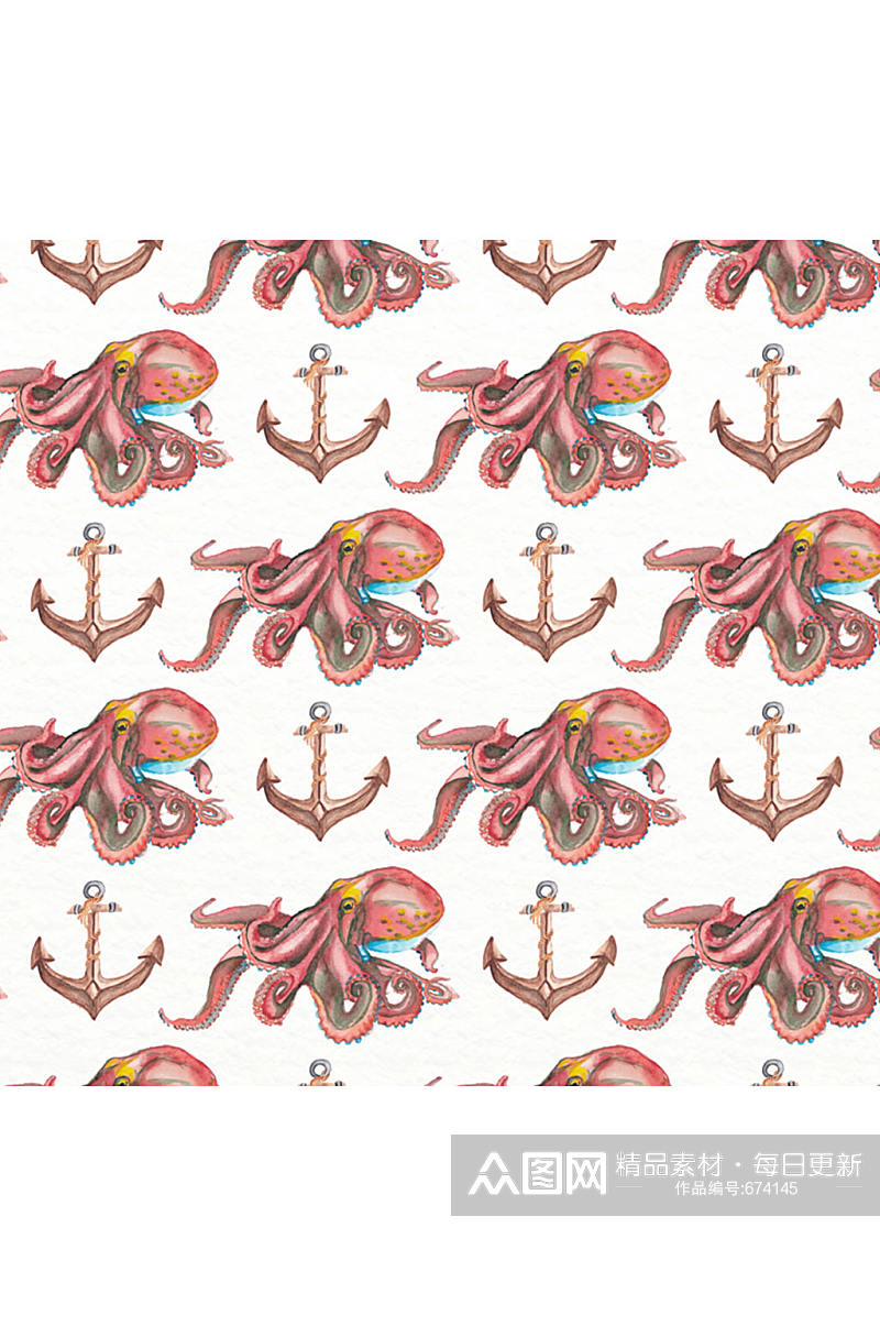 水彩绘章鱼和船锚无缝背景矢量图素材