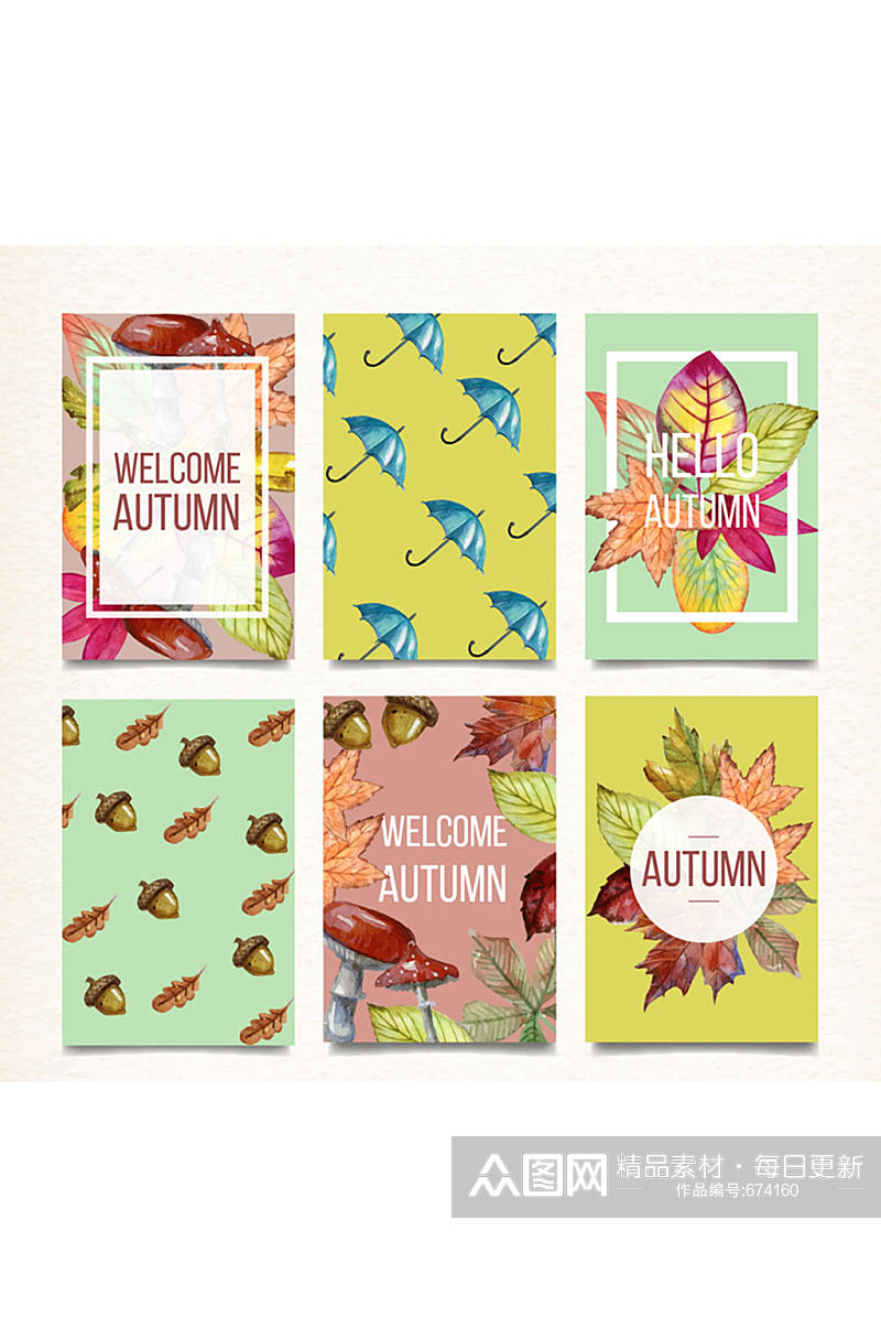 6款彩绘秋季元素卡片矢量图素材