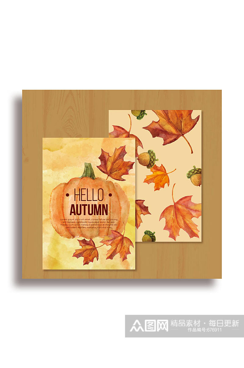 彩绘秋季南瓜橡子和落叶卡片矢量图素材