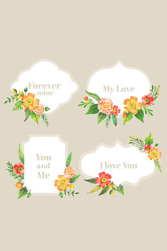 4款彩色花卉装饰爱的标签矢量图