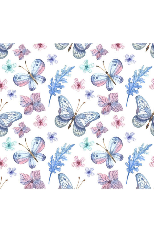 素色蝴蝶和花卉无缝背景矢量图