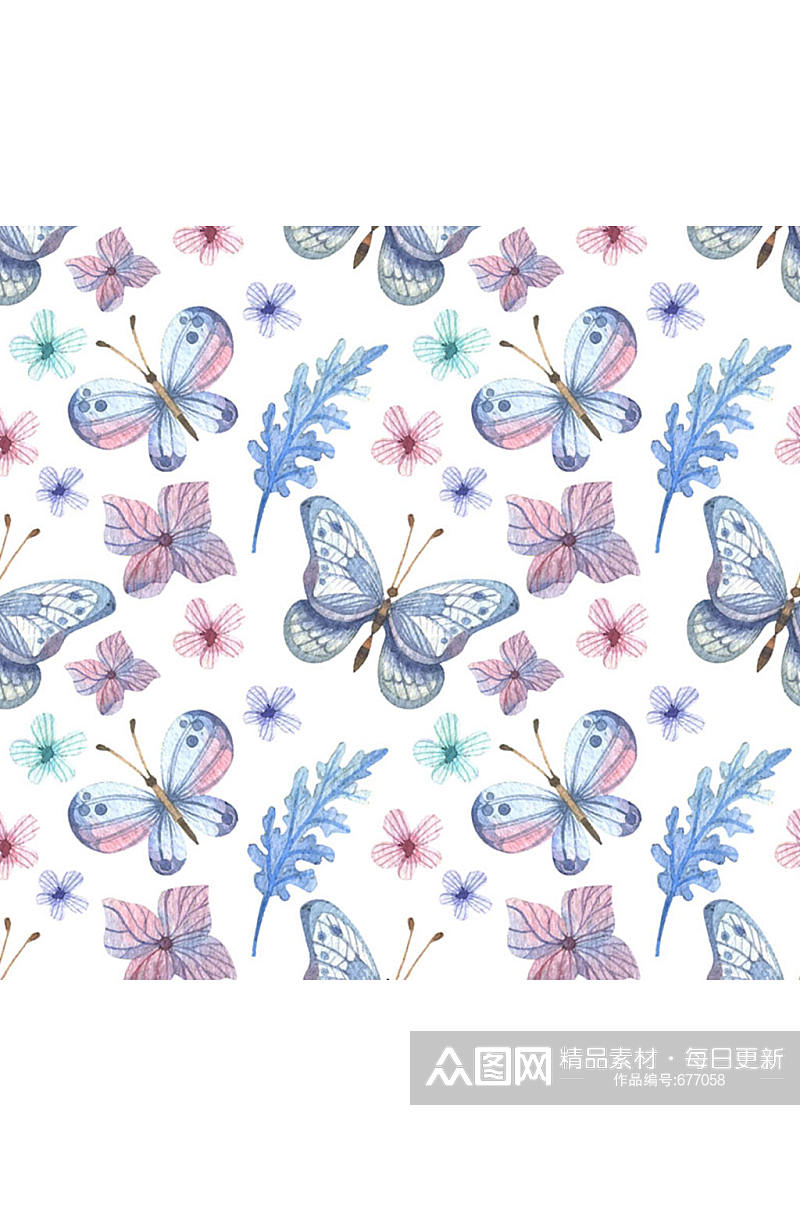 素色蝴蝶和花卉无缝背景矢量图素材