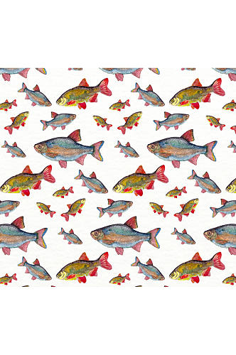 彩绘大小鱼类无缝背景矢量图