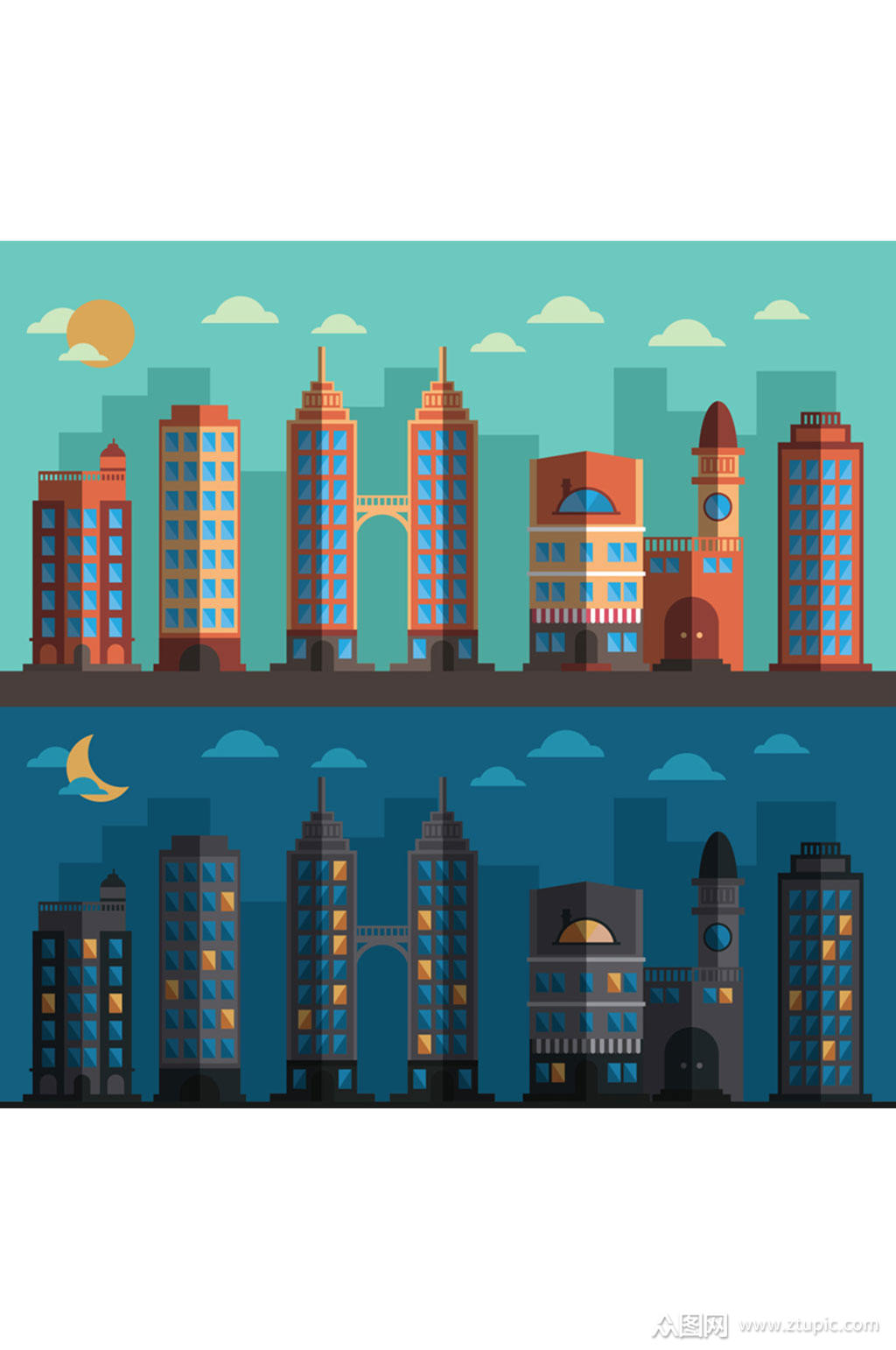 扁平化城市的白天和黑夜矢量图