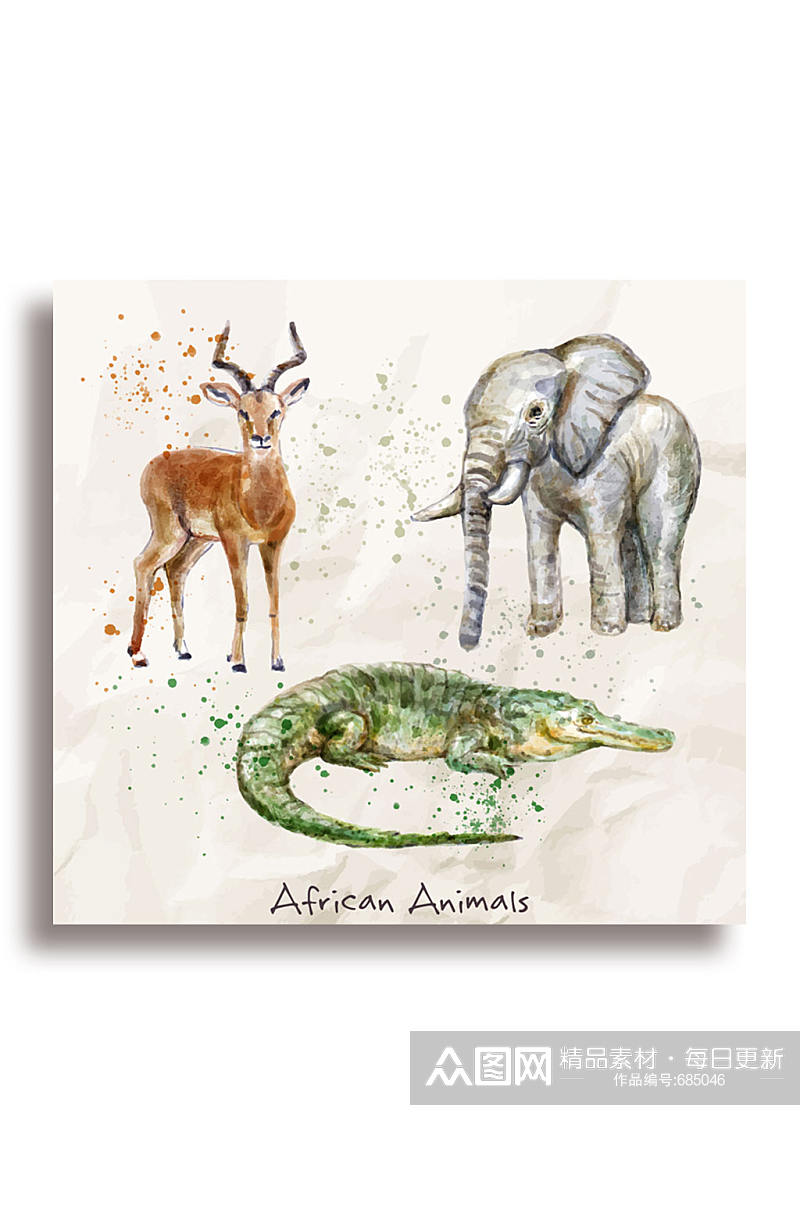 3种水彩绘非洲动物矢量素材素材