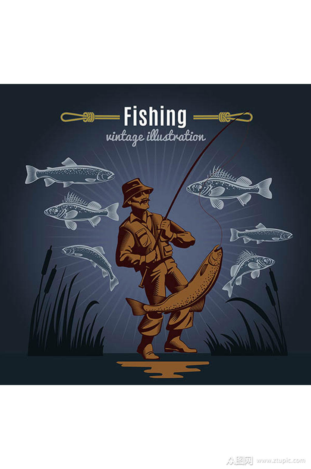 精美复古钓鱼设计元素素材矢量