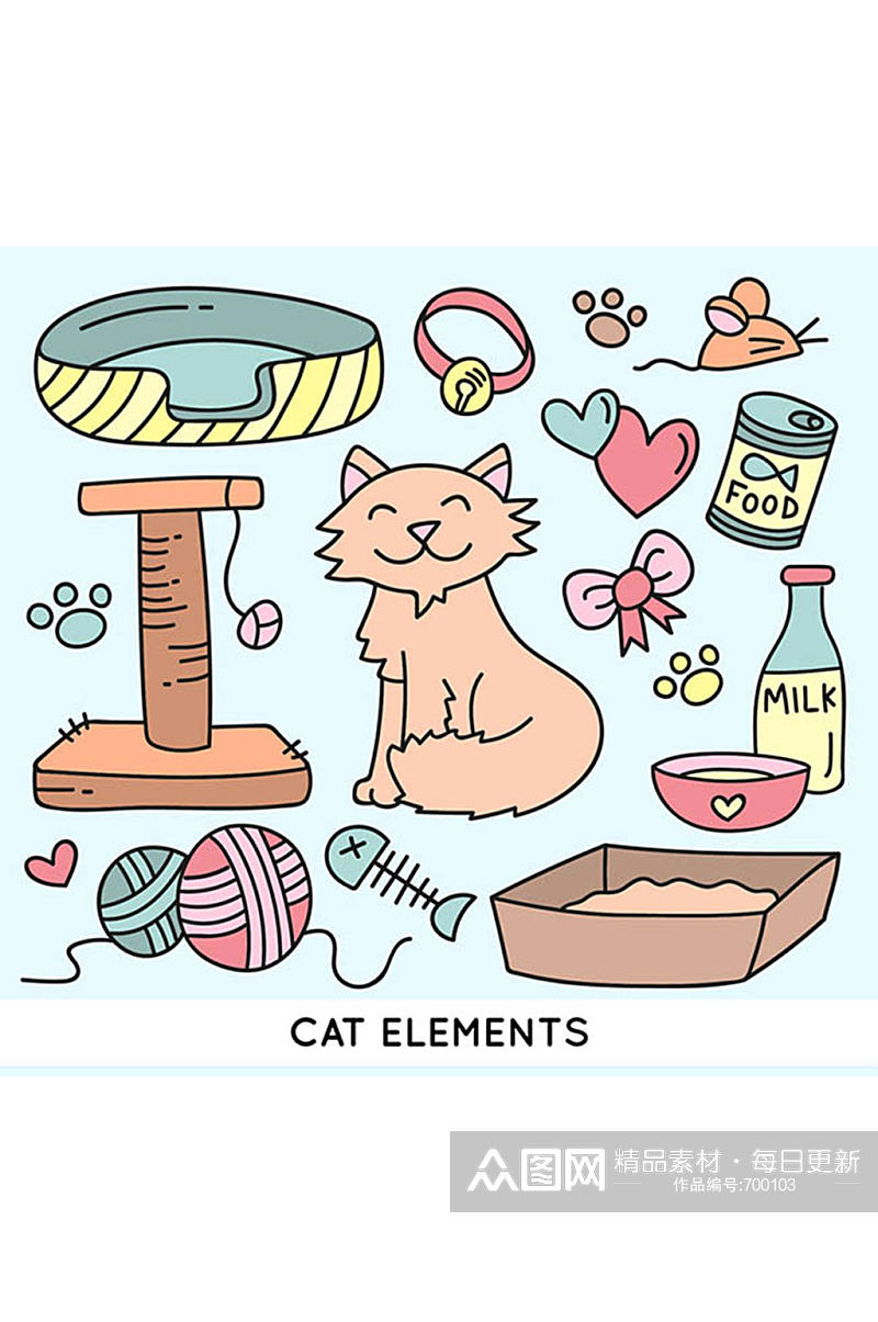 14款可爱猫咪与宠物用品矢量素材素材