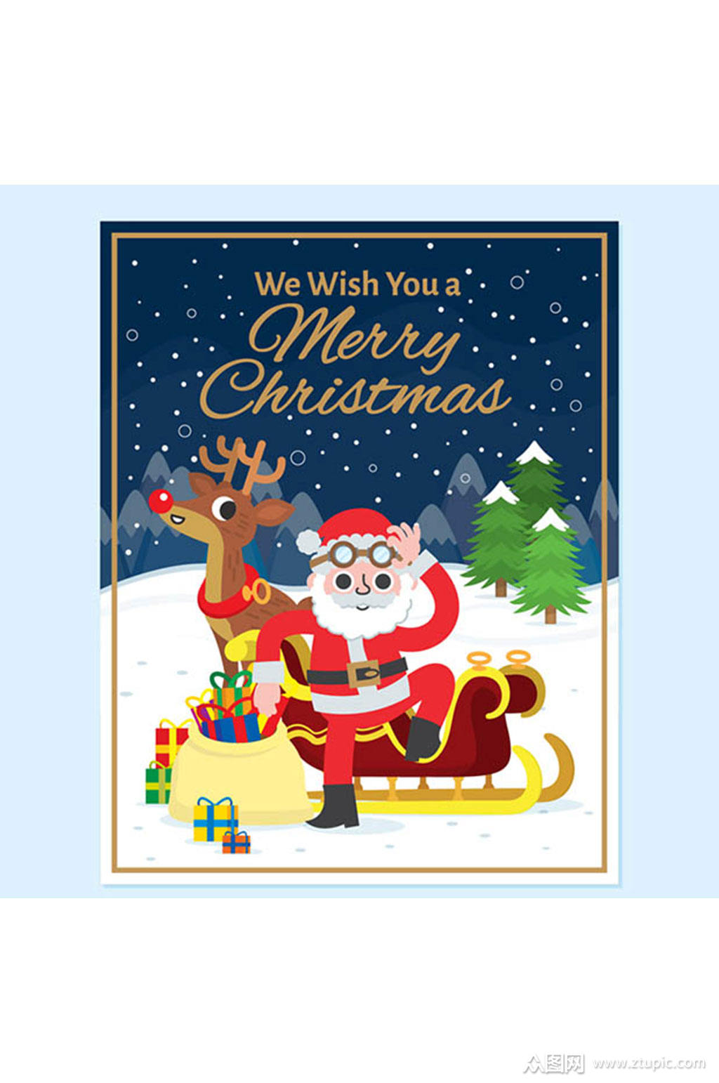 坐驯鹿雪橇的圣诞老人贺卡矢量素材