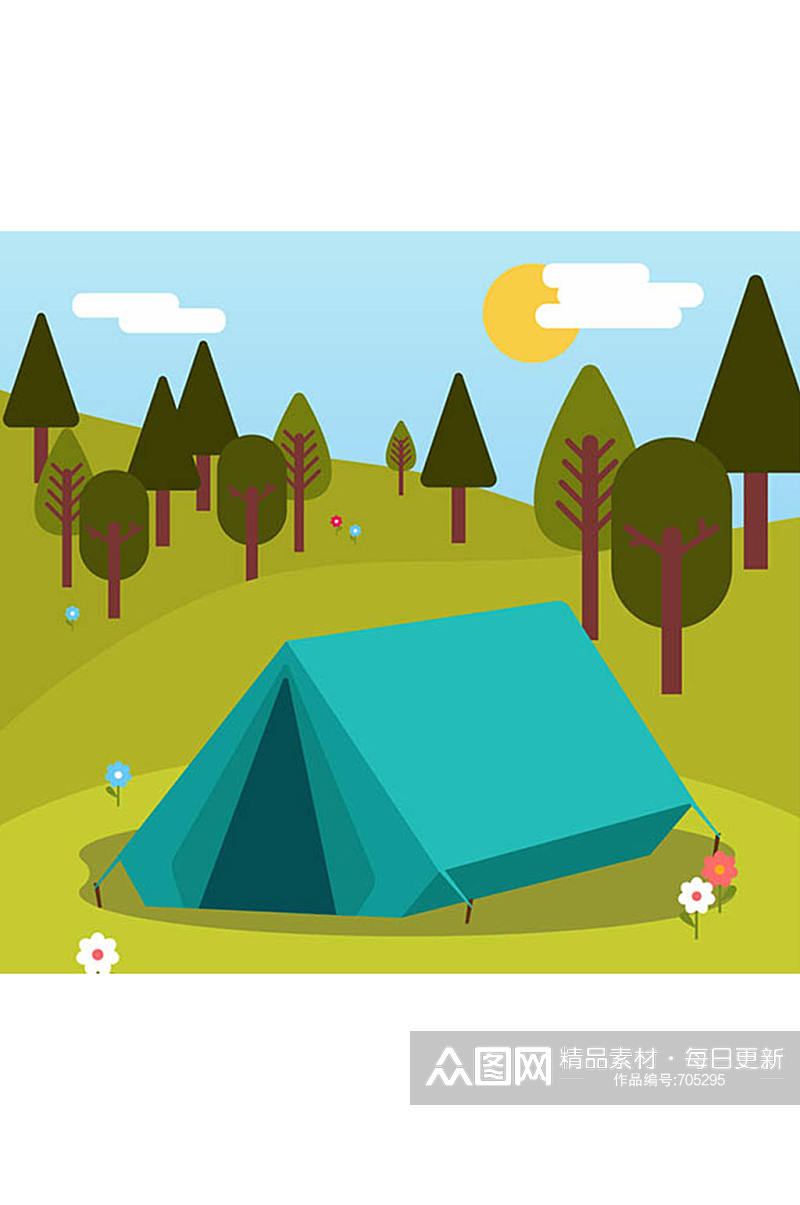 郊外蓝色野营帐篷风景矢量素材素材