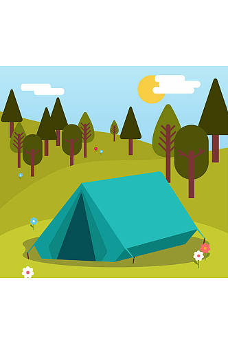 郊外蓝色野营帐篷风景矢量素材