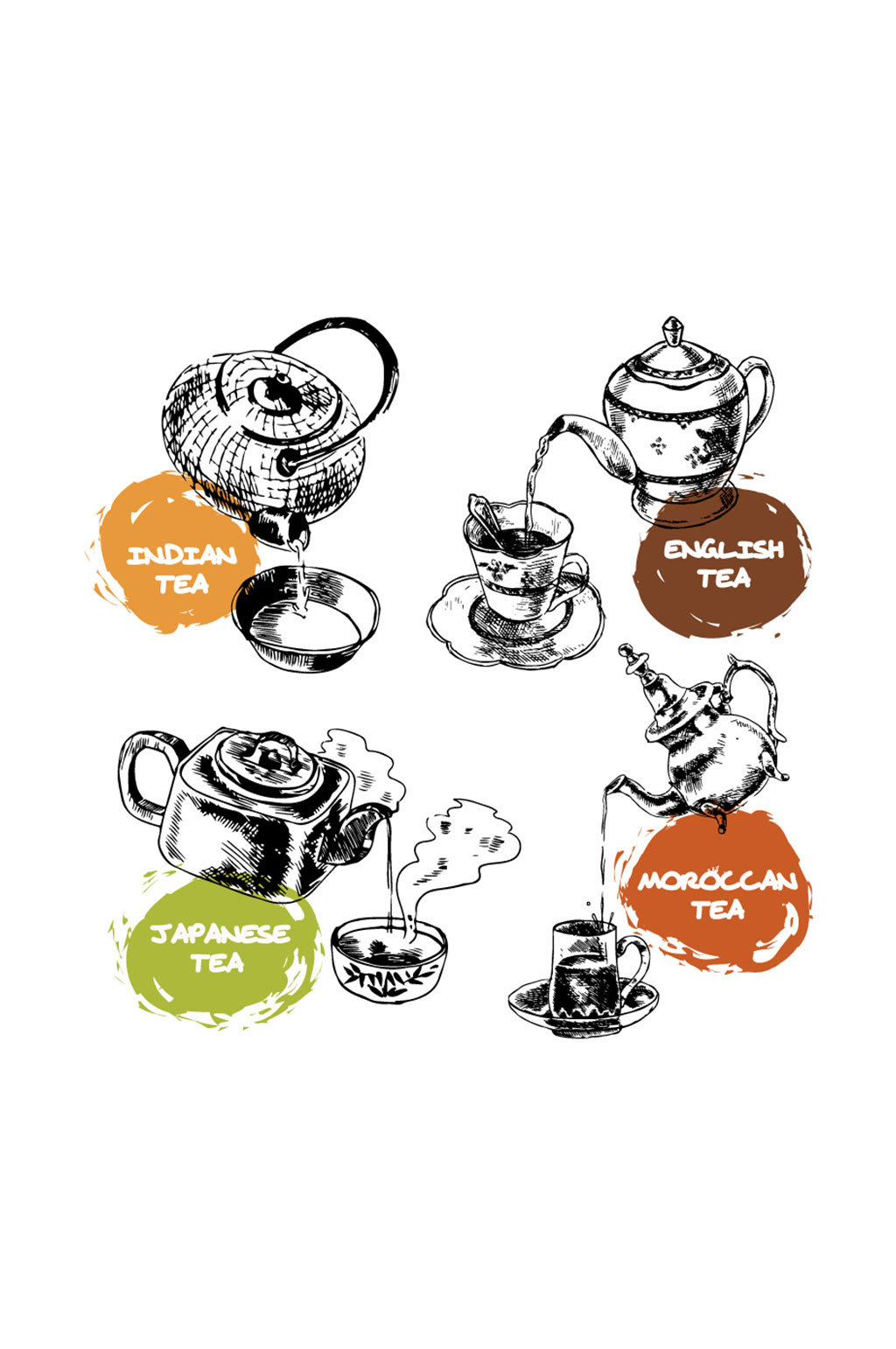 4款手绘茶壶设计矢量素材