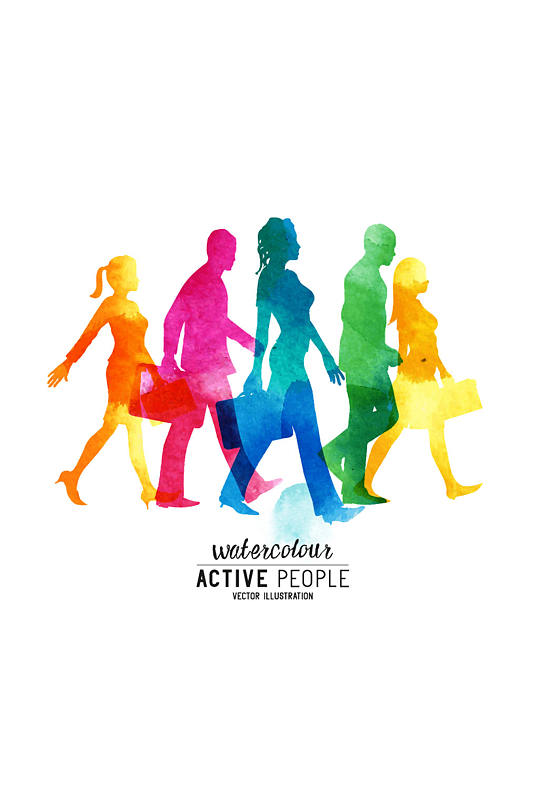 水彩绘行走人物剪影矢量素材