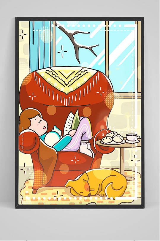 精品手绘躺在沙发上看书的孩子插画设计