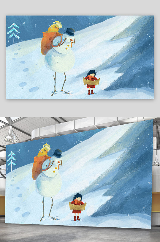 精品手绘雪山上的女孩和雪人插画设计