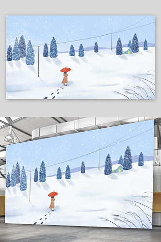 精品走在雪地上的女子插画设计