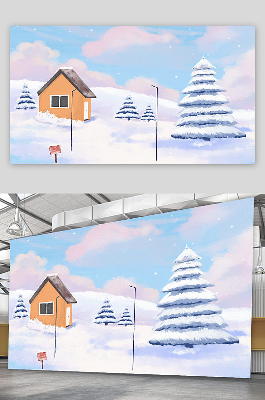 精品手绘雪山上的屋子插画设计
