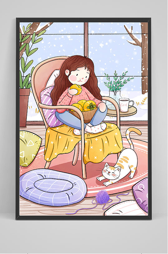 精品手绘坐在沙发上女孩插画设计