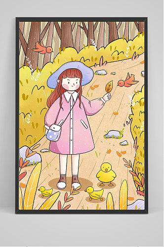 精品走在乡间小路上的女孩和鸭子插画设计