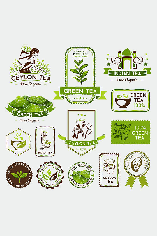 大自然绿色采茶人物大象图标矢量素材